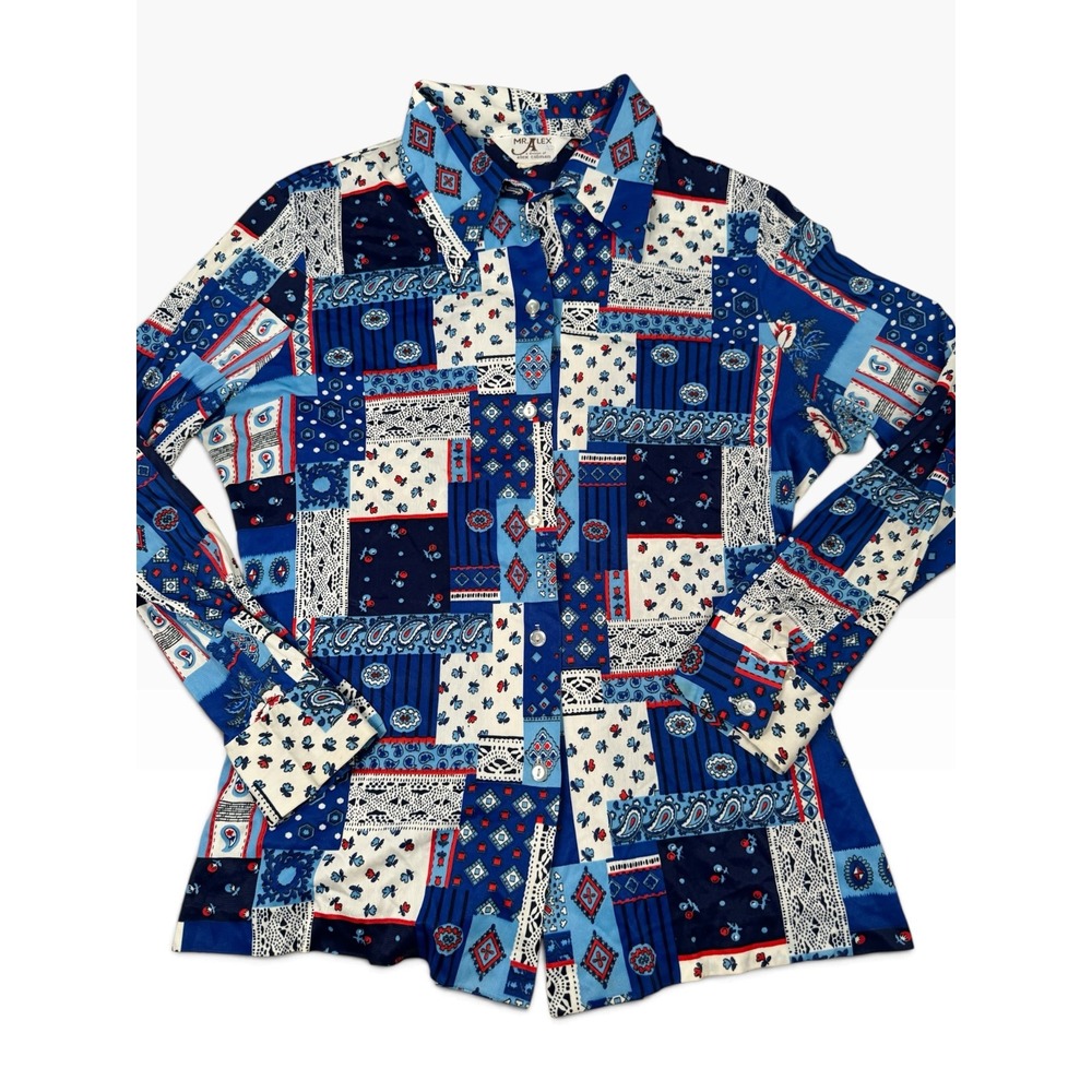 Vintage Mr Alex Alex Colman Blue Patchwork Paisley Button Down Shirt Mens L